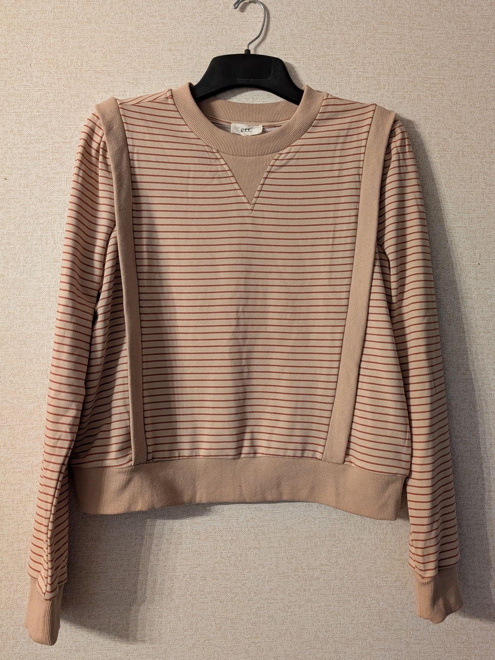 OTT Striped Crewneck Sweater in Beige and Cranberry